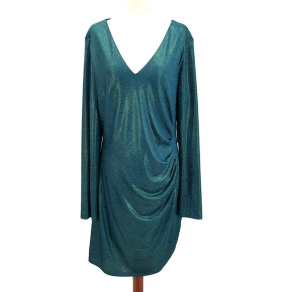 GUESS SZ 16 XL Plus teal gold textured vneck long sleeve ruched dress NWT B137 - Picture 2 of 8